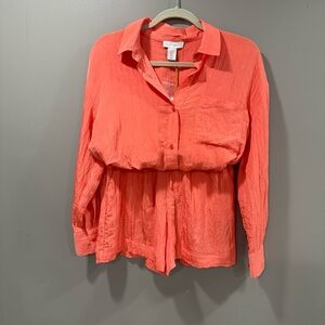 Women's Coral Button-Up Blouse and Shorts